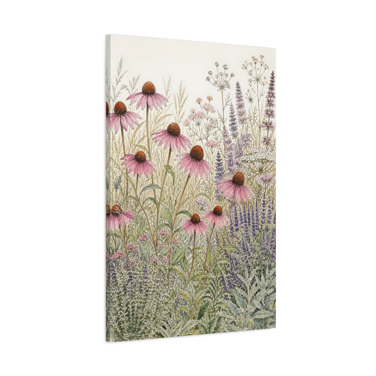 Main Mockup. Floral Echinacea Floral Meadow shown as stretched canvas wall art