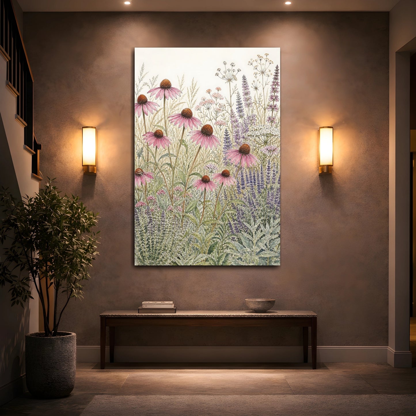 Mockup 2. Floral Echinacea Floral Meadow shown as stretched canvas wall art
