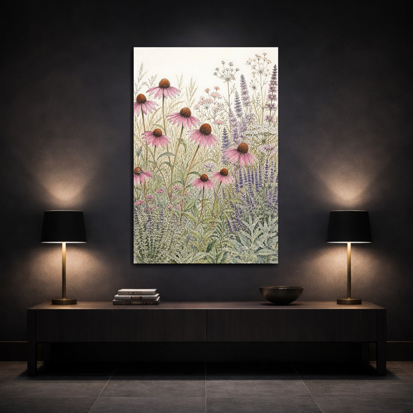 Mockup 3. Floral Echinacea Floral Meadow shown as stretched canvas wall art