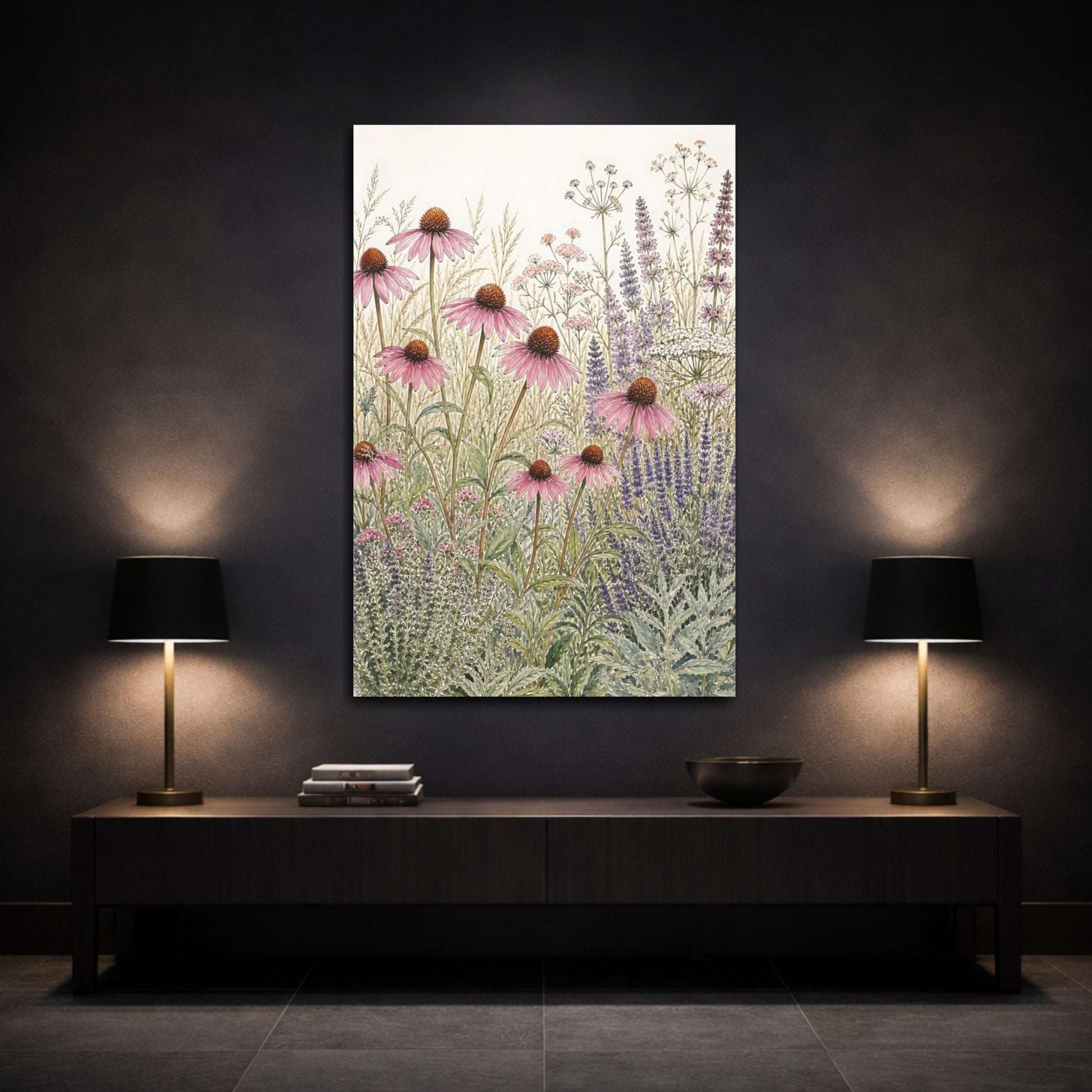 Mockup 3. Floral Echinacea Floral Meadow shown as stretched canvas wall art