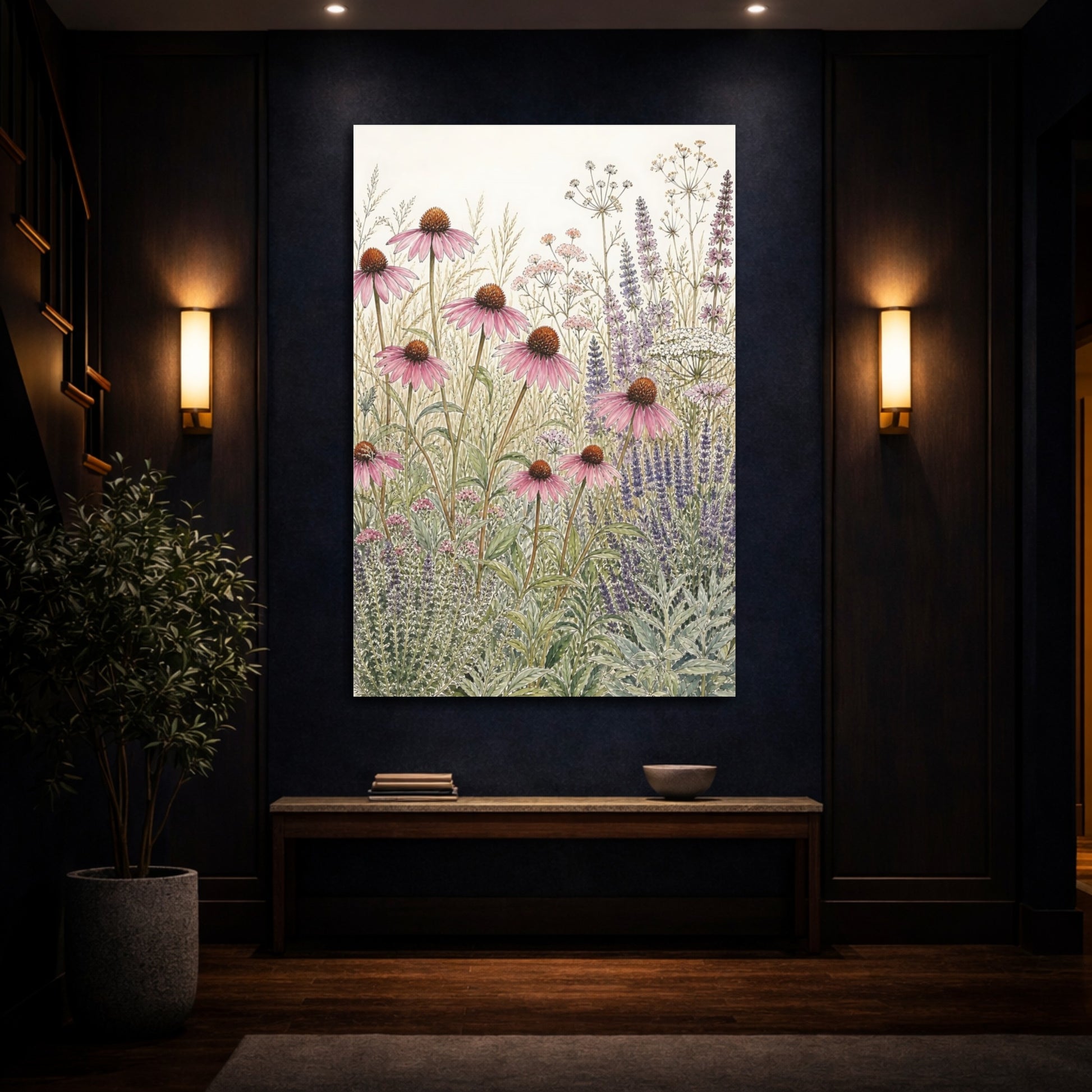 Mockup 4. Floral Echinacea Floral Meadow shown as stretched canvas wall art