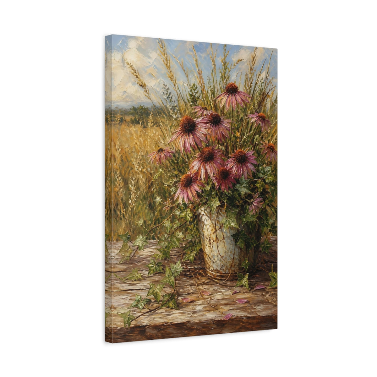 Side Mockup 3. Floral Echinacea Flowers Purple Floral shown as stretched canvas wall art