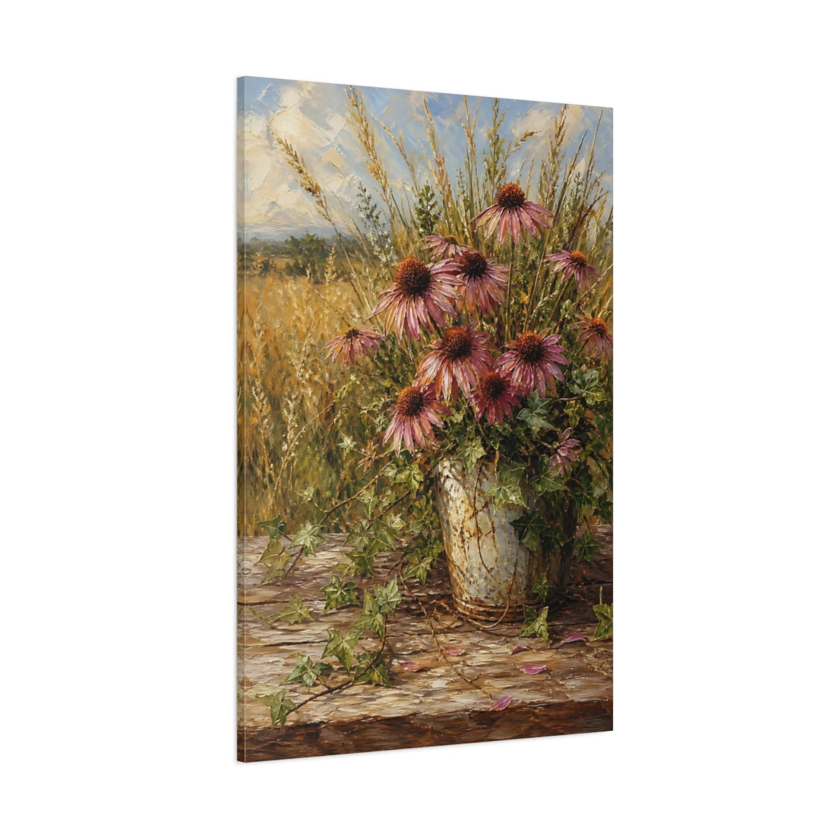 Side Mockup 1. Floral Echinacea Flowers Purple Floral shown as stretched canvas wall art