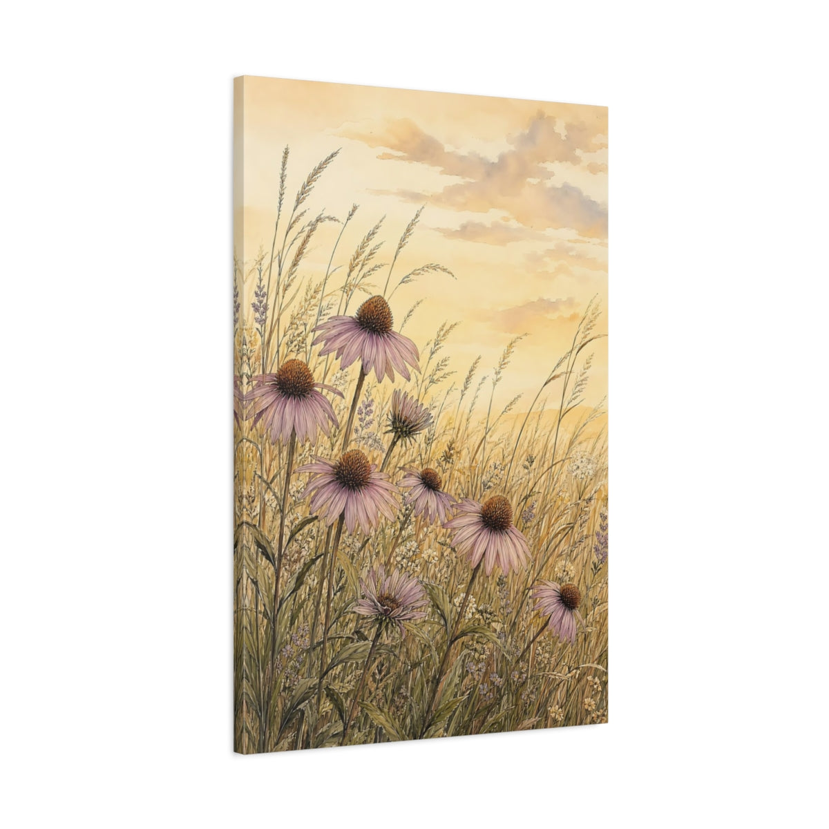 Main Mockup. Floral Echinacea Flowers Purple Echinacea Meadow shown as stretched canvas wall art