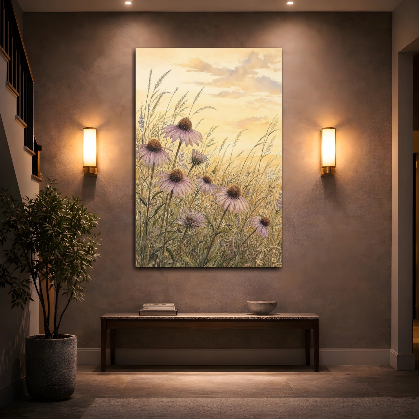 Mockup 2. Floral Echinacea Flowers Purple Echinacea Meadow shown as stretched canvas wall art