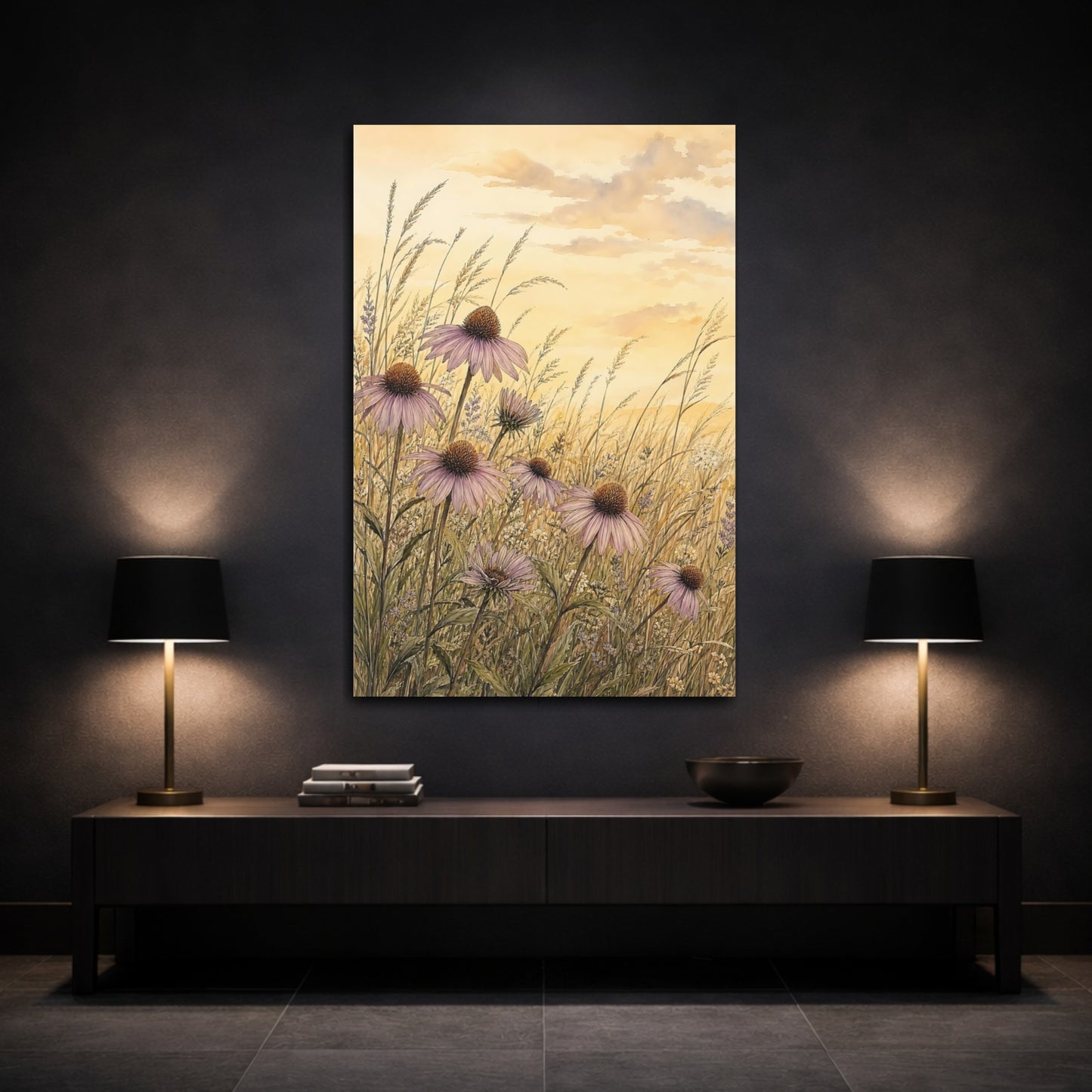 Mockup 3. Floral Echinacea Flowers Purple Echinacea Meadow shown as stretched canvas wall art
