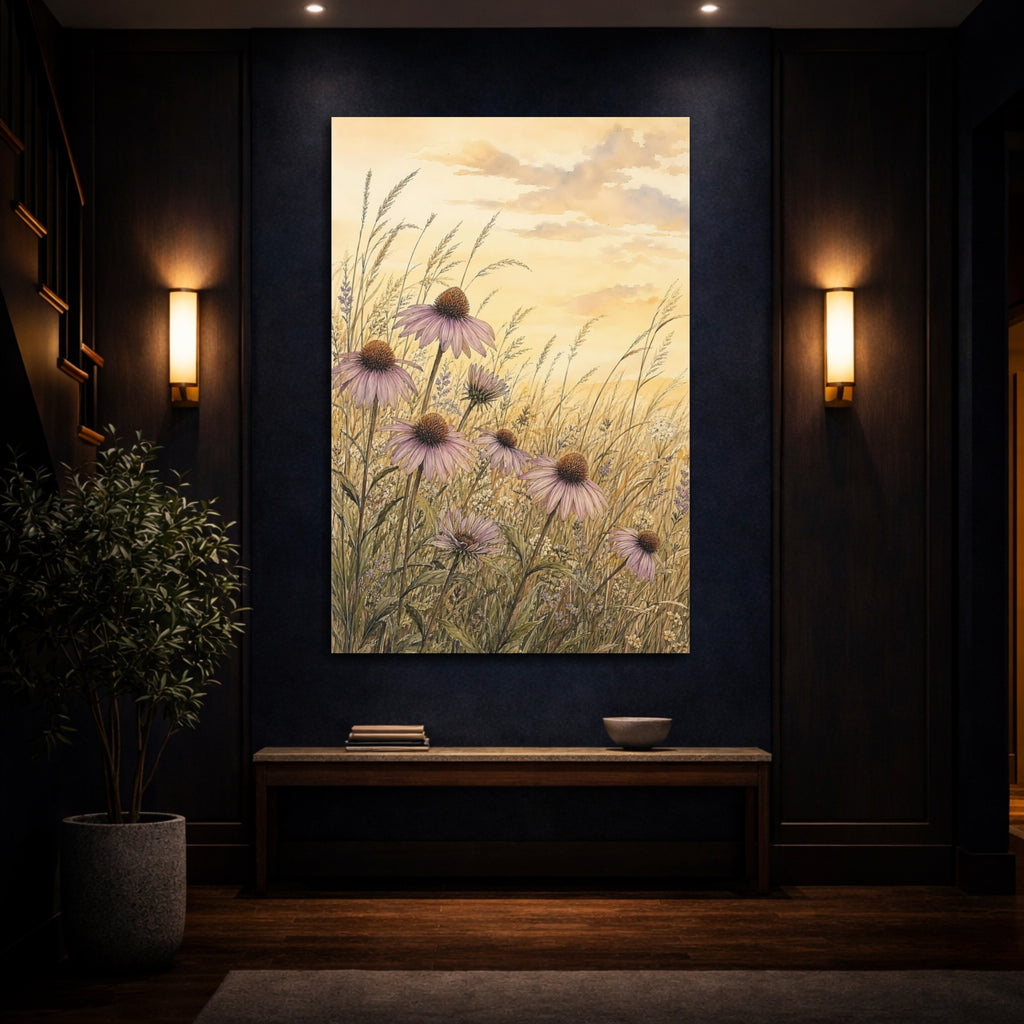 Mockup 4. Floral Echinacea Flowers Purple Echinacea Meadow shown as stretched canvas wall art