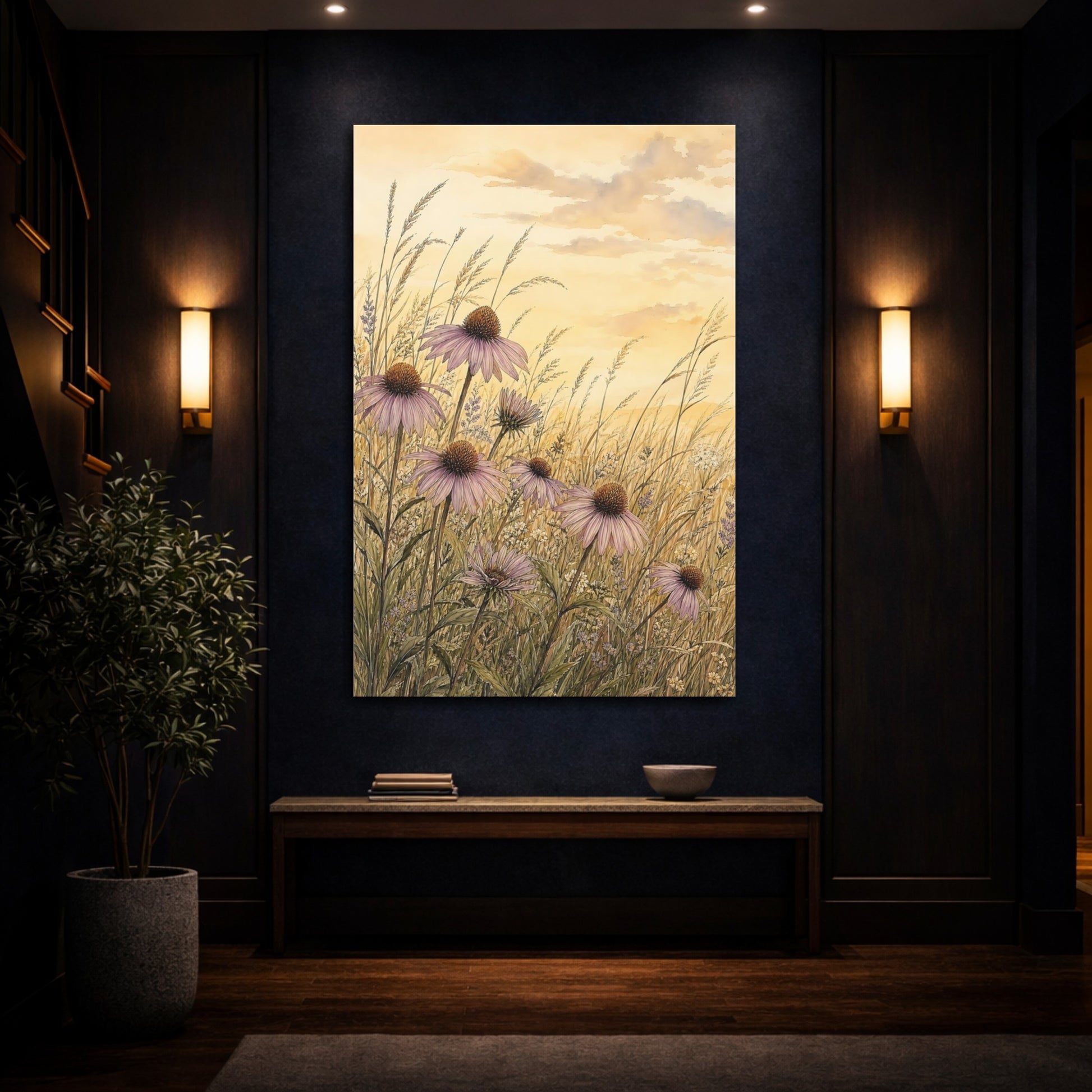 Mockup 4. Floral Echinacea Flowers Purple Echinacea Meadow shown as stretched canvas wall art