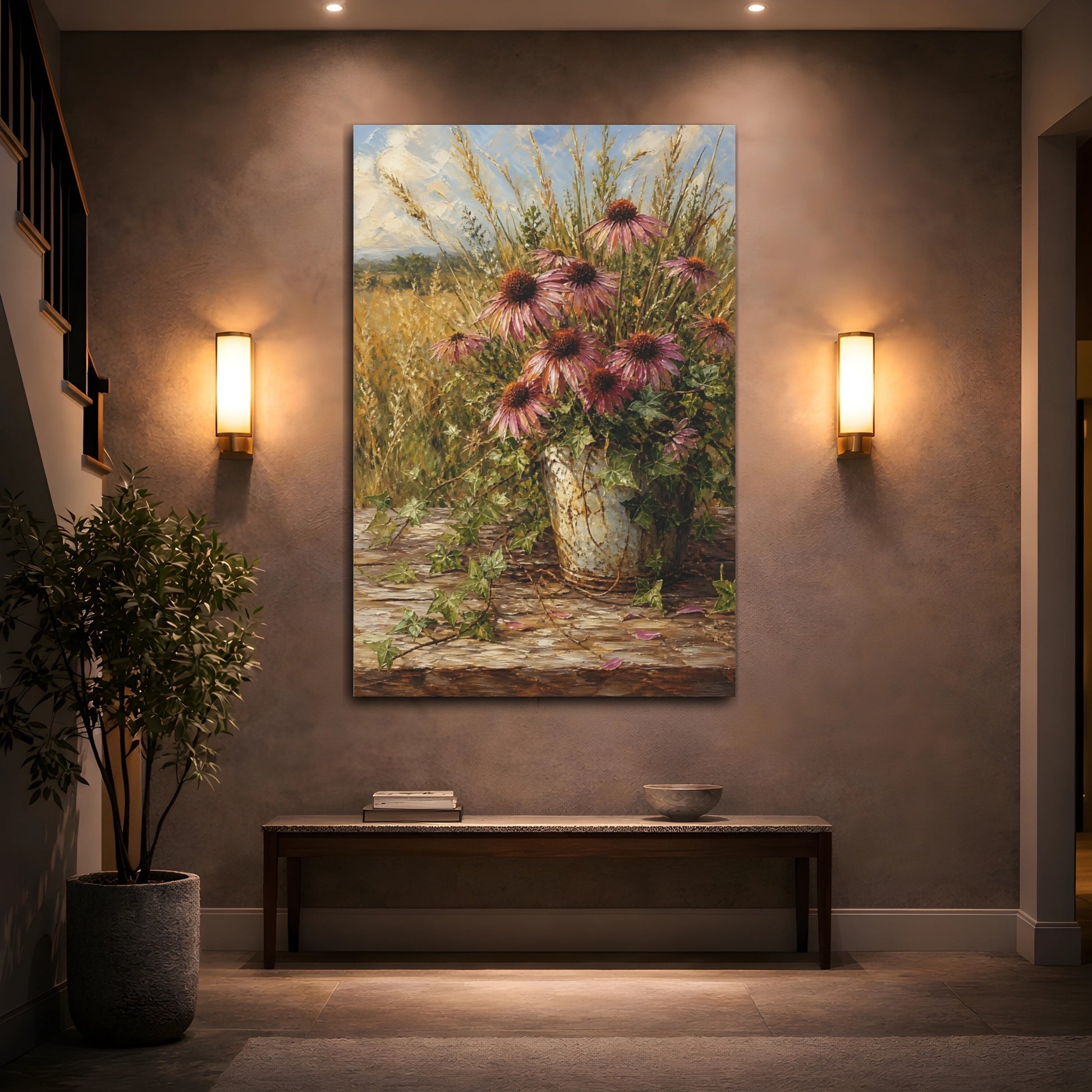 Mockup 2. Floral Echinacea Flowers Purple Floral shown as stretched canvas wall art