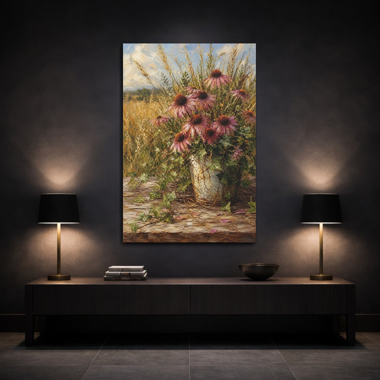 Mockup 3. Floral Echinacea Flowers Purple Floral shown as stretched canvas wall art