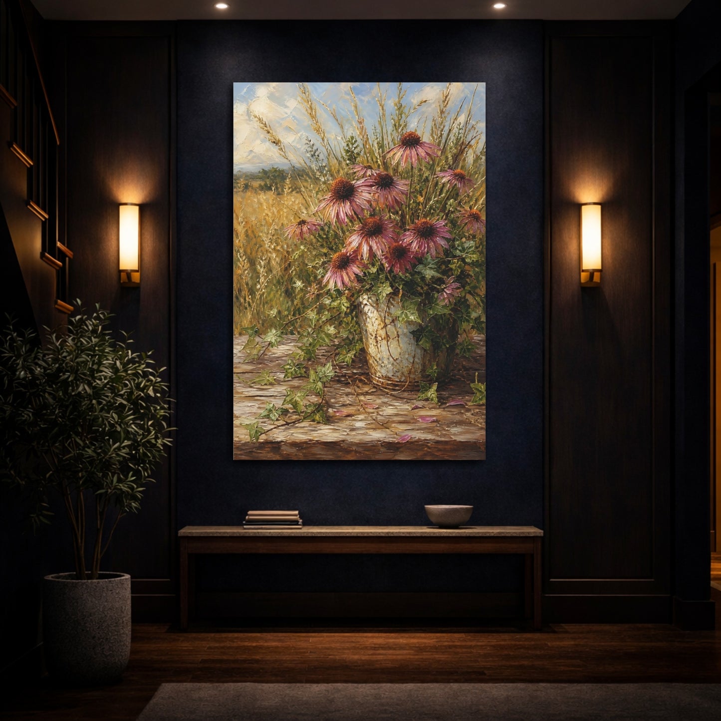 Mockup 4. Floral Echinacea Flowers Purple Floral shown as stretched canvas wall art