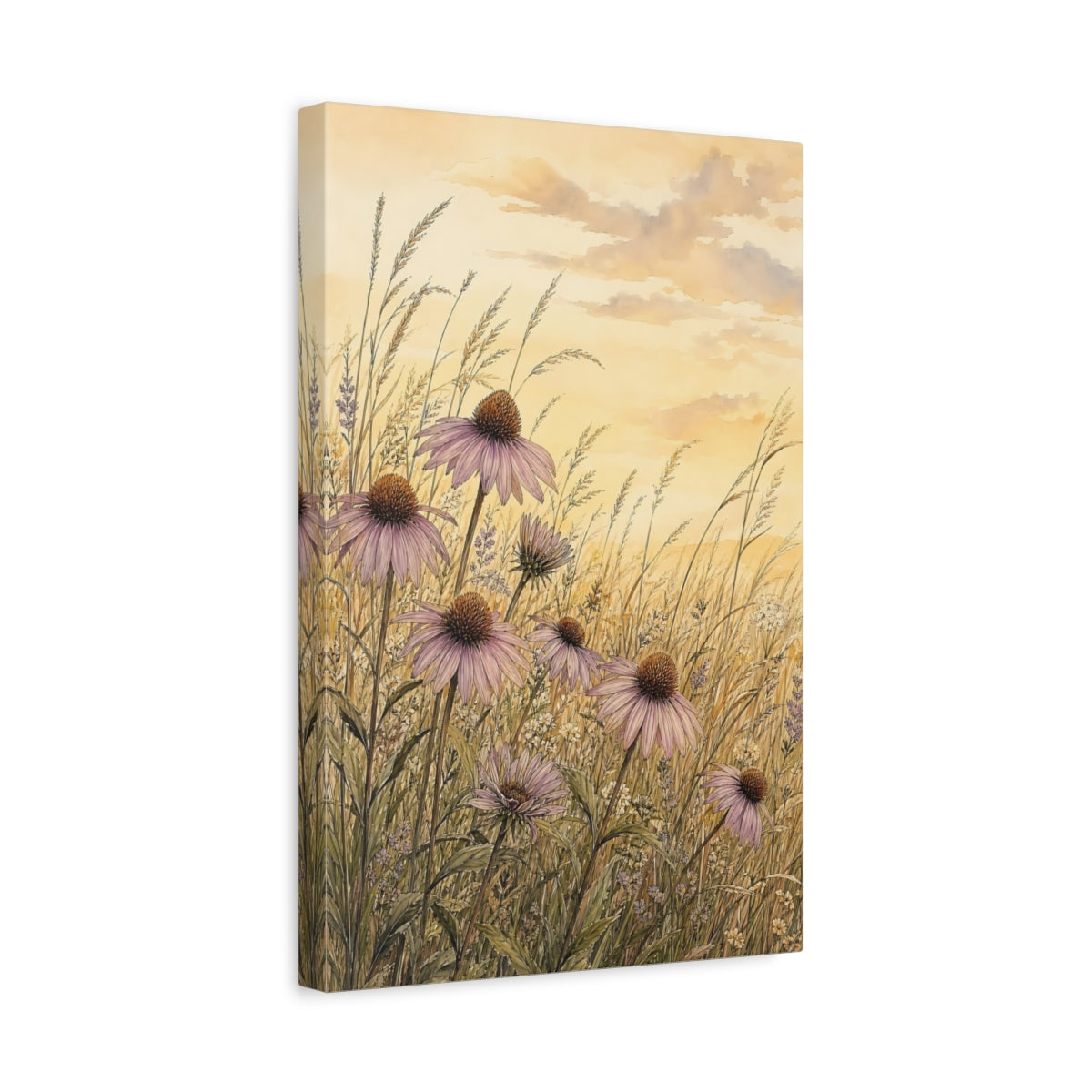 Side Mockup 4. Floral Echinacea Flowers Purple Echinacea Meadow shown as stretched canvas wall art
