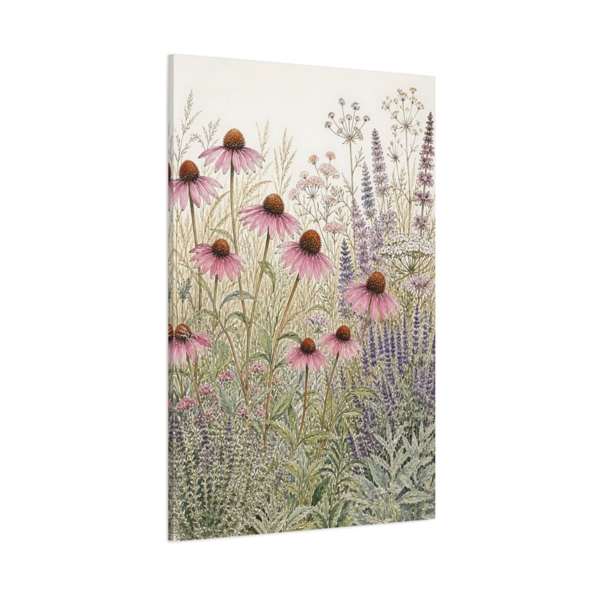 Side Mockup 1. Floral Echinacea Floral Meadow shown as stretched canvas wall art