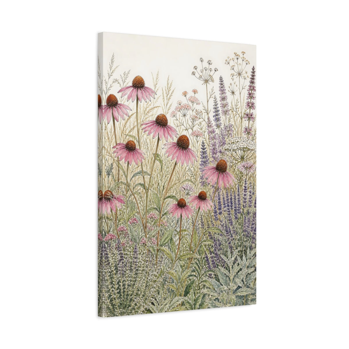 Side Mockup 2. Floral Echinacea Floral Meadow shown as stretched canvas wall art