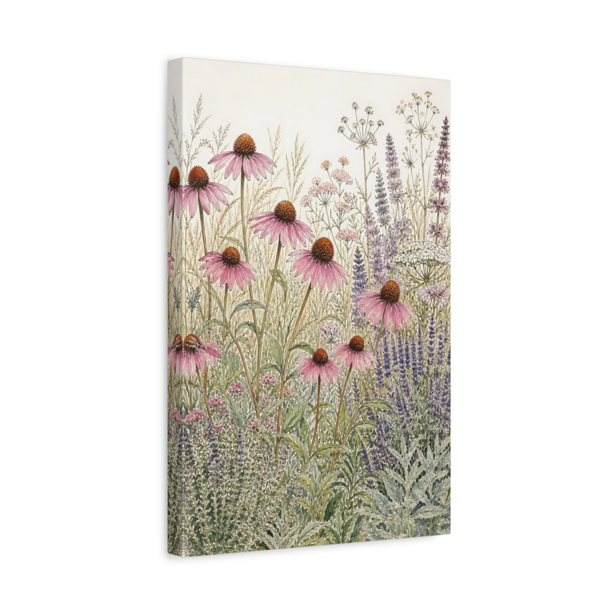 Side Mockup 4. Floral Echinacea Floral Meadow shown as stretched canvas wall art
