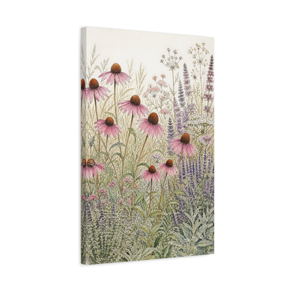Side Mockup 3. Floral Echinacea Floral Meadow shown as stretched canvas wall art