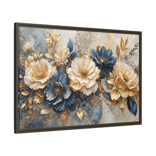 Main Mockup. Floral Elegant Flowers Blue Gold Flowers shown as stretched canvas wall art