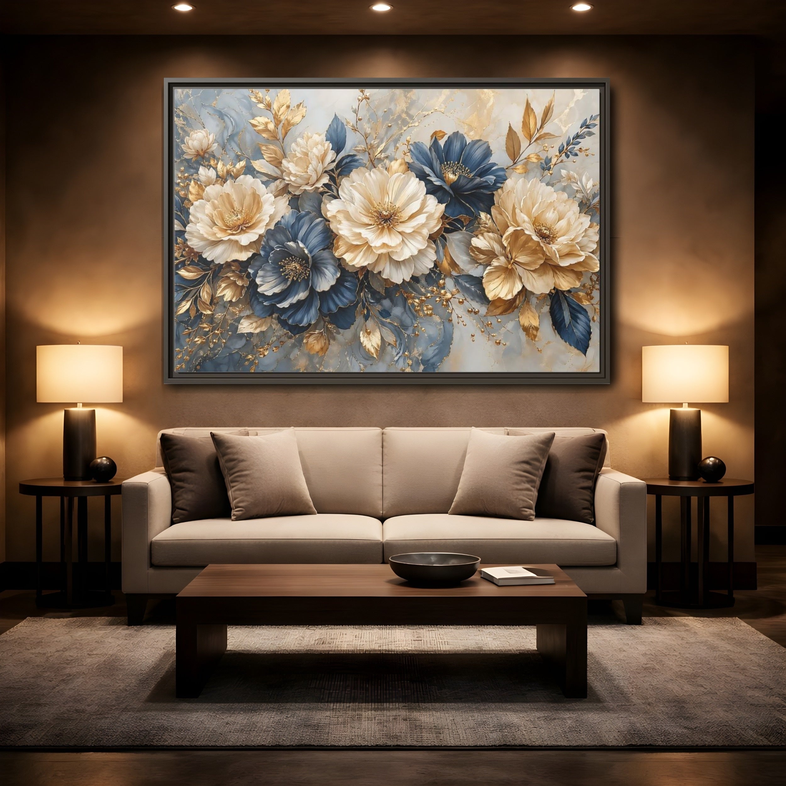 Mockup 2. Floral Elegant Flowers Blue Gold Flowers shown as stretched canvas wall art
