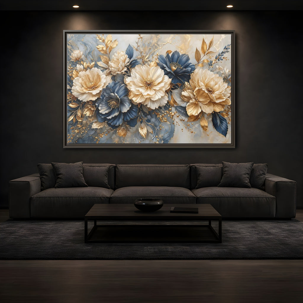 Mockup 3. Floral Elegant Flowers Blue Gold Flowers shown as stretched canvas wall art