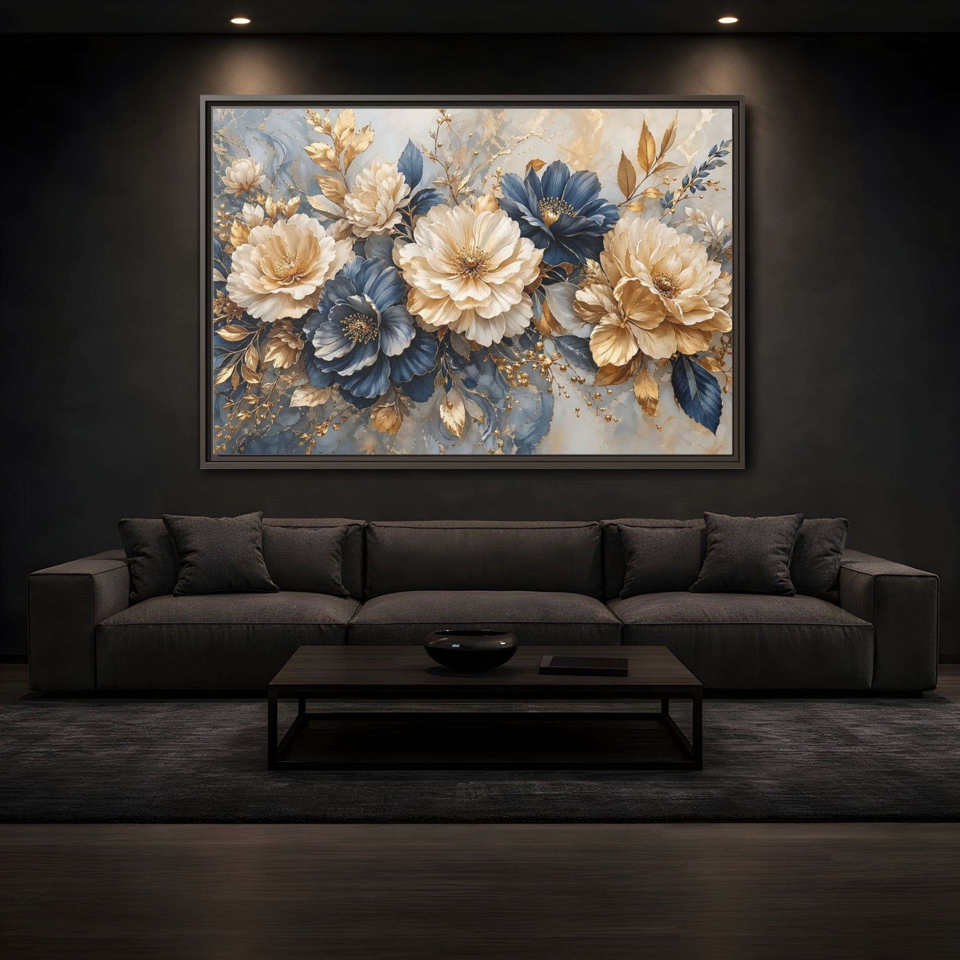 Mockup 3. Floral Elegant Flowers Blue Gold Flowers shown as stretched canvas wall art