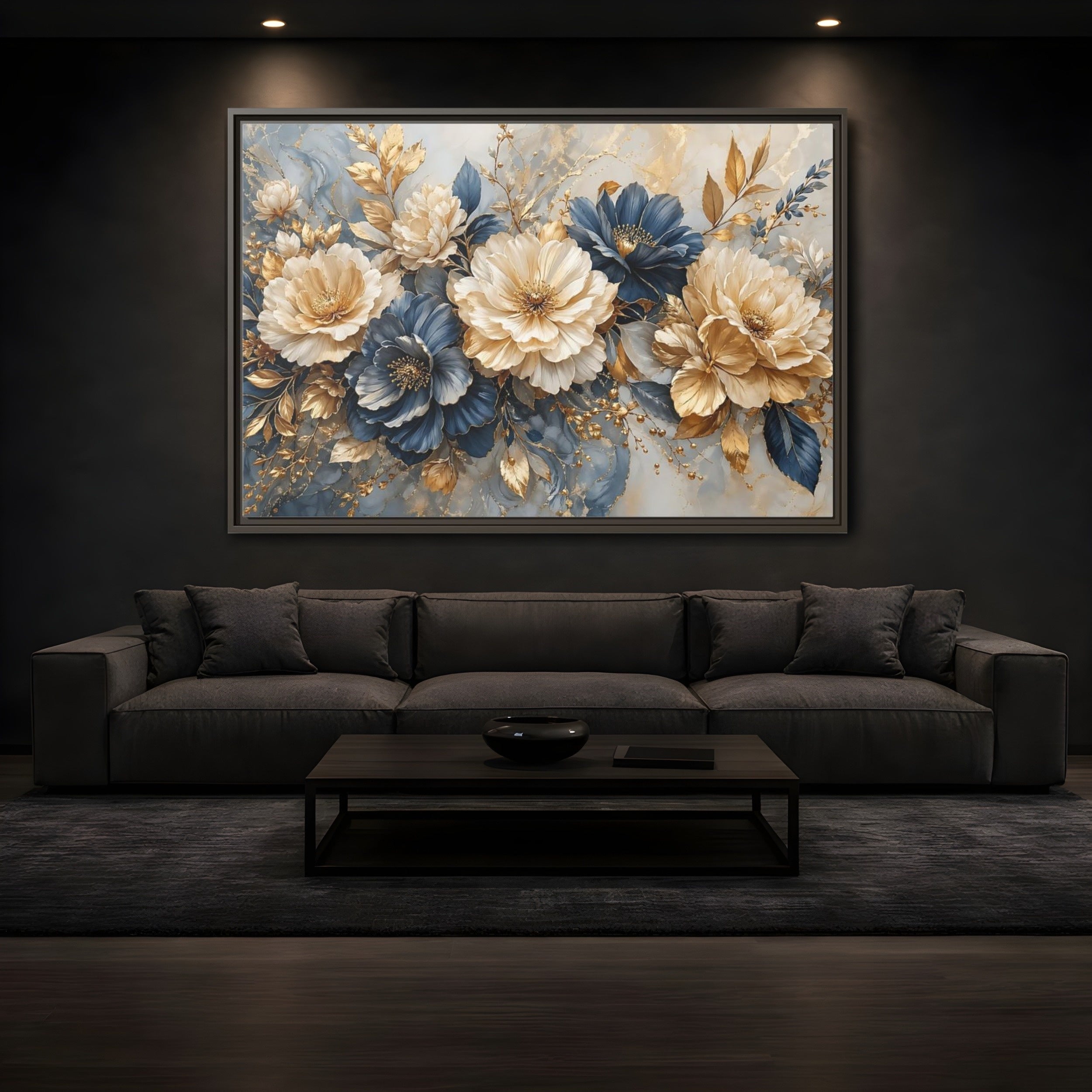 Mockup 3. Floral Elegant Flowers Blue Gold Flowers shown as stretched canvas wall art