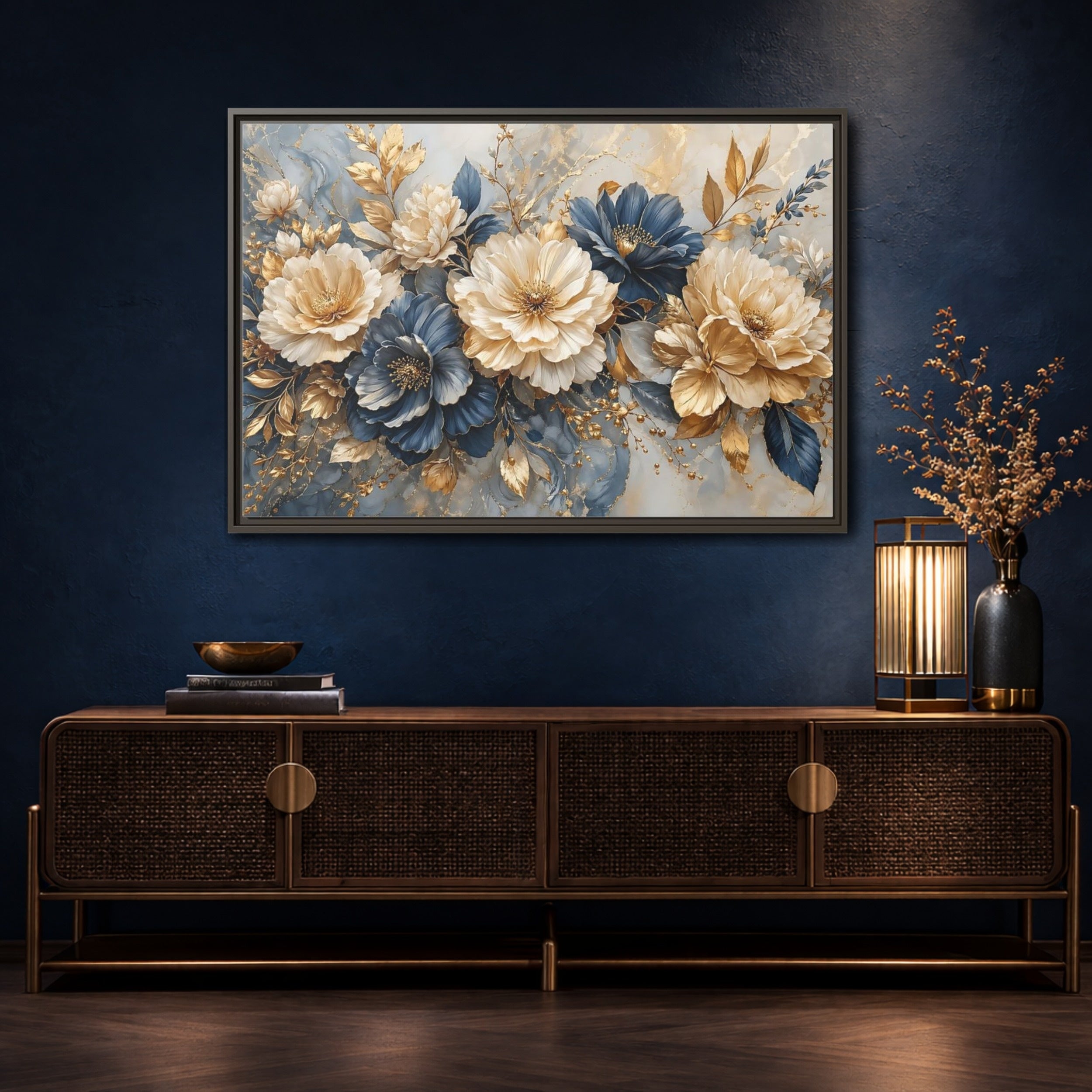 Mockup 4. Floral Elegant Flowers Blue Gold Flowers shown as stretched canvas wall art
