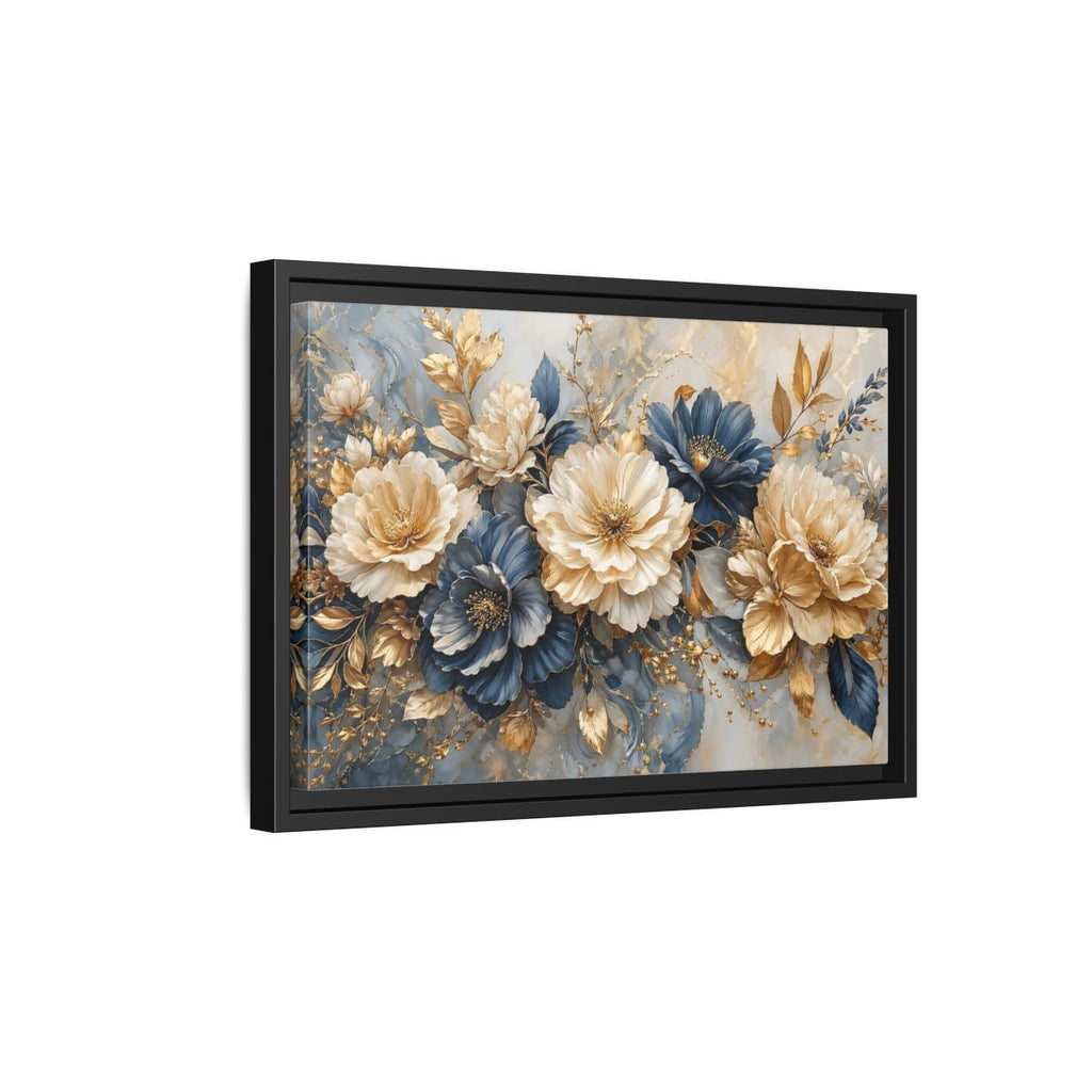Side Mockup 6. Floral Elegant Flowers Blue Gold Flowers shown as stretched canvas wall art