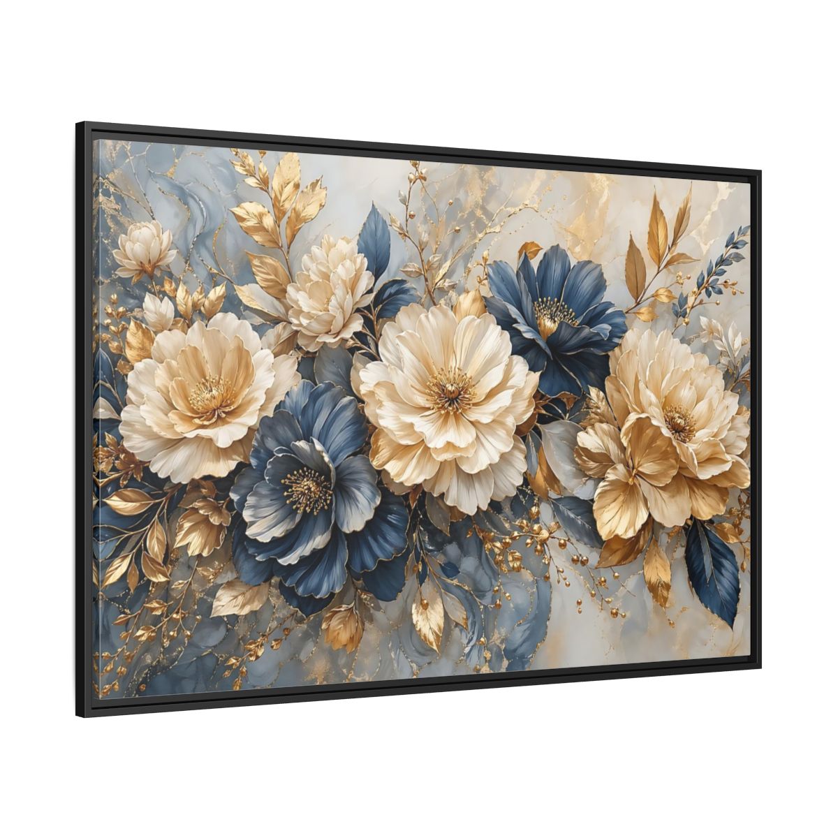 Side Mockup 12. Floral Elegant Flowers Blue Gold Flowers shown as stretched canvas wall art