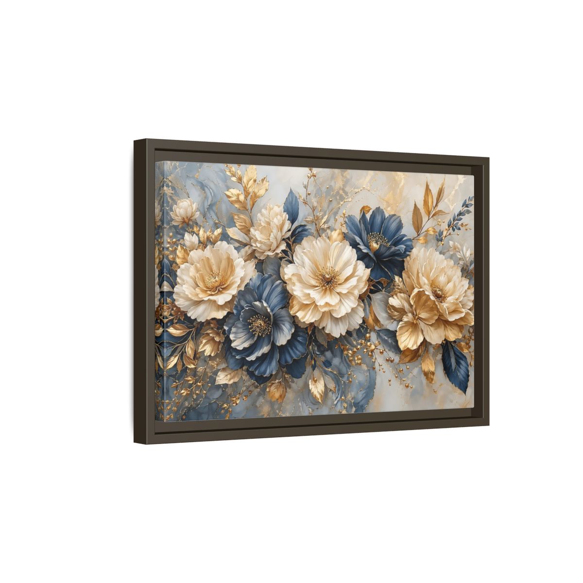 Side Mockup 5. Floral Elegant Flowers Blue Gold Flowers shown as stretched canvas wall art