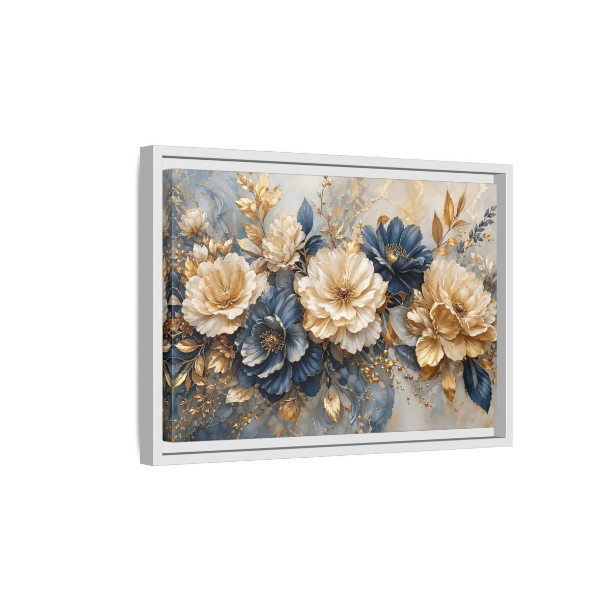 Side Mockup 4. Floral Elegant Flowers Blue Gold Flowers shown as stretched canvas wall art