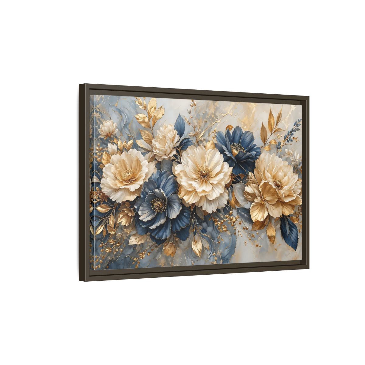 Side Mockup 2. Floral Elegant Flowers Blue Gold Flowers shown as stretched canvas wall art