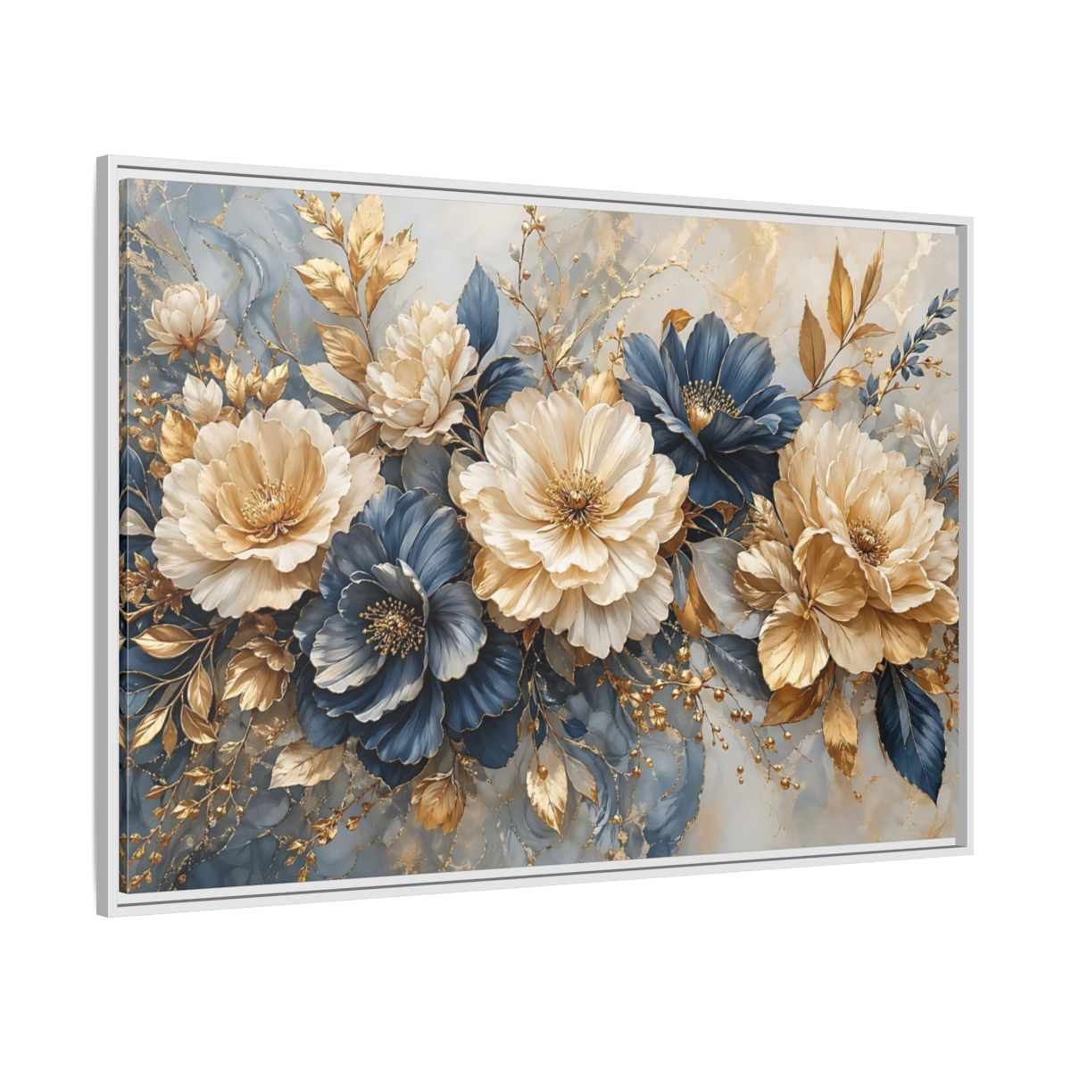 Side Mockup 7. Floral Elegant Flowers Blue Gold Flowers shown as stretched canvas wall art