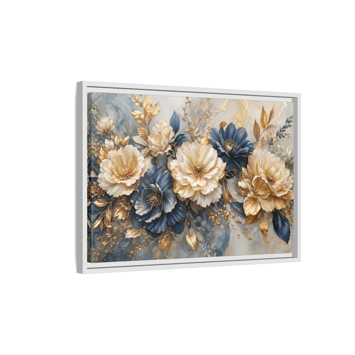 Side Mockup 1. Floral Elegant Flowers Blue Gold Flowers shown as stretched canvas wall art