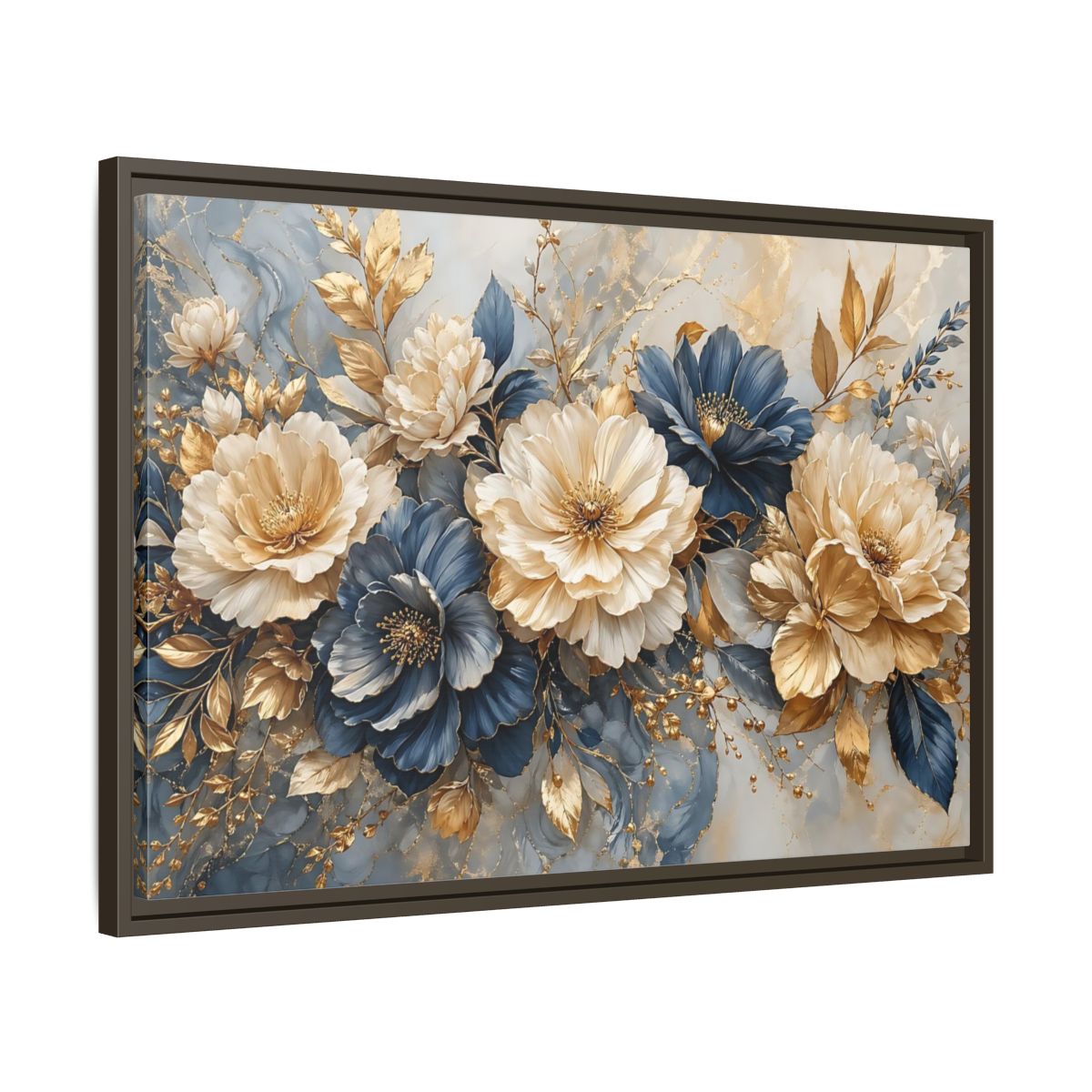 Side Mockup 11. Floral Elegant Flowers Blue Gold Flowers shown as stretched canvas wall art