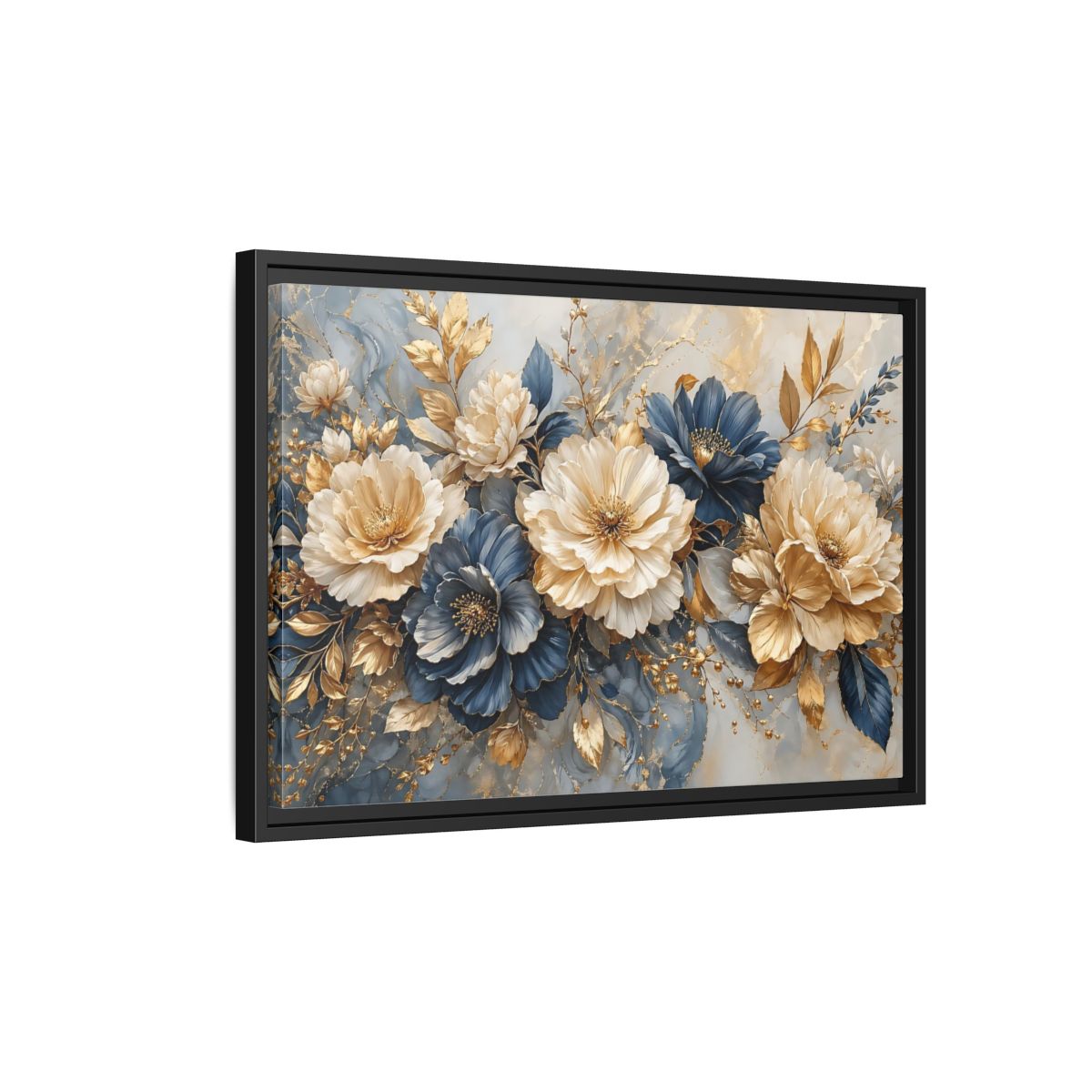 Side Mockup 3. Floral Elegant Flowers Blue Gold Flowers shown as stretched canvas wall art