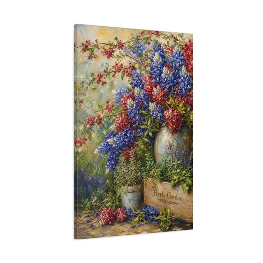 Main Mockup. Floral Floral Arrangement Blue Red Flowers shown as stretched canvas wall art