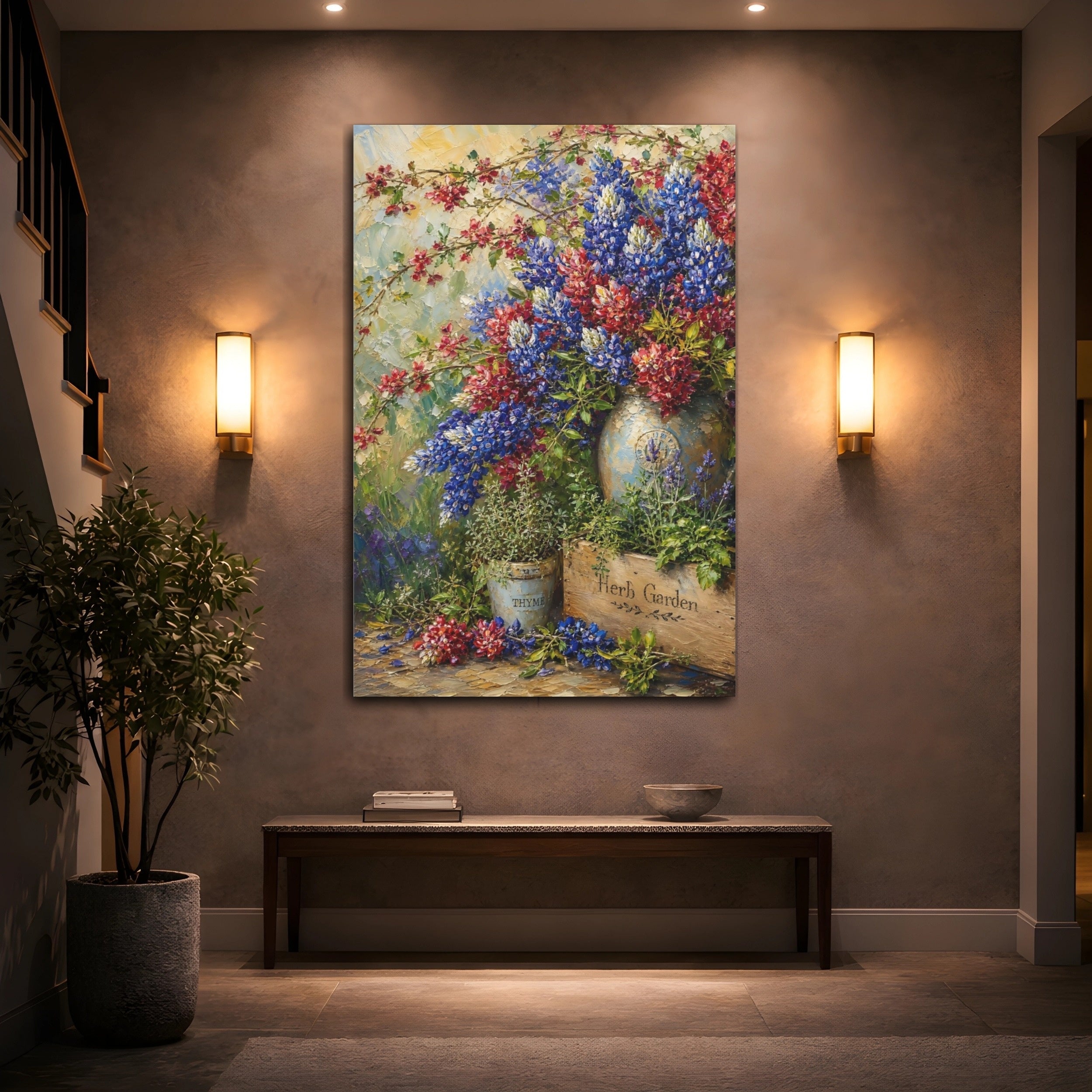 Mockup 2. Floral Floral Arrangement Blue Red Flowers shown as stretched canvas wall art