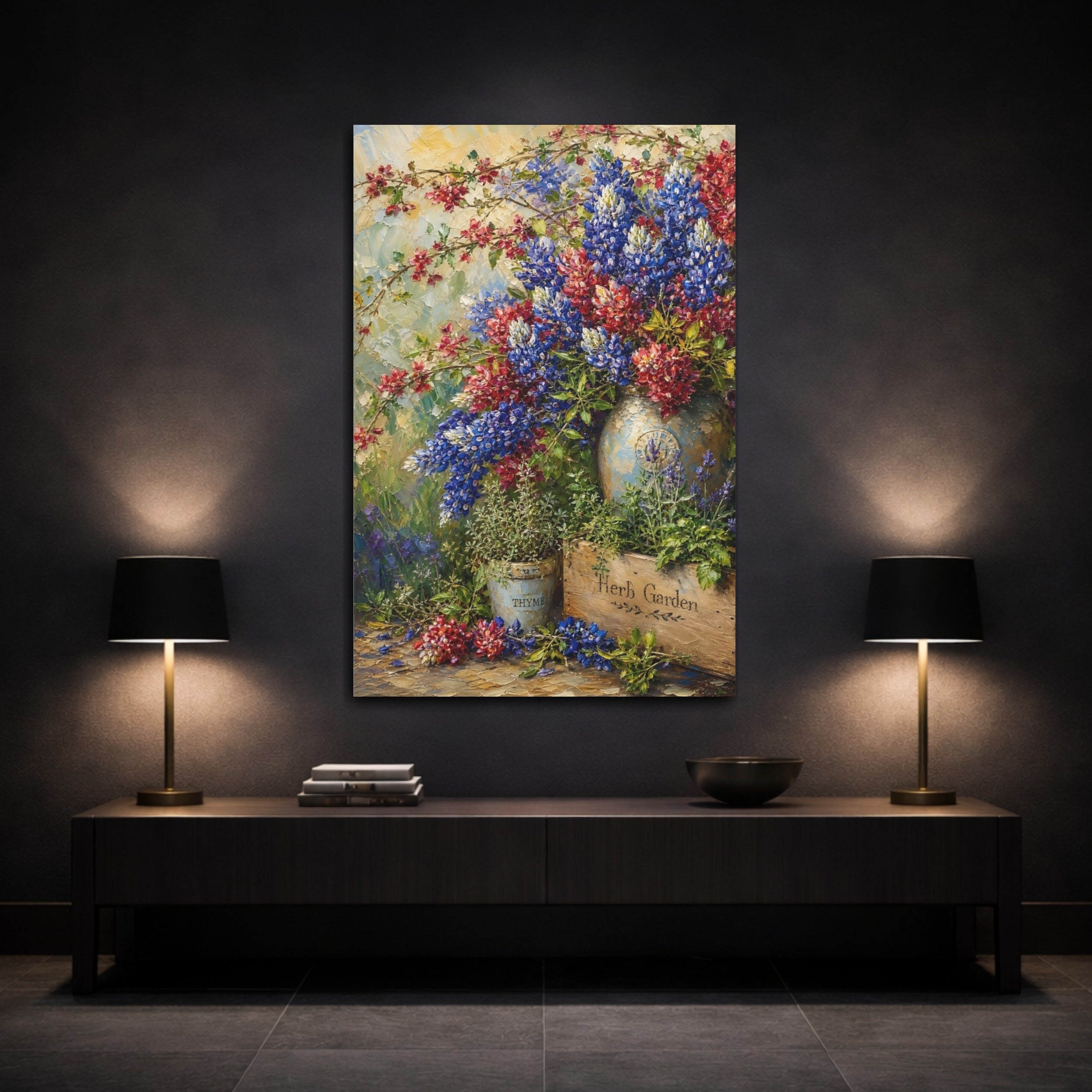 Mockup 3. Floral Floral Arrangement Blue Red Flowers shown as stretched canvas wall art