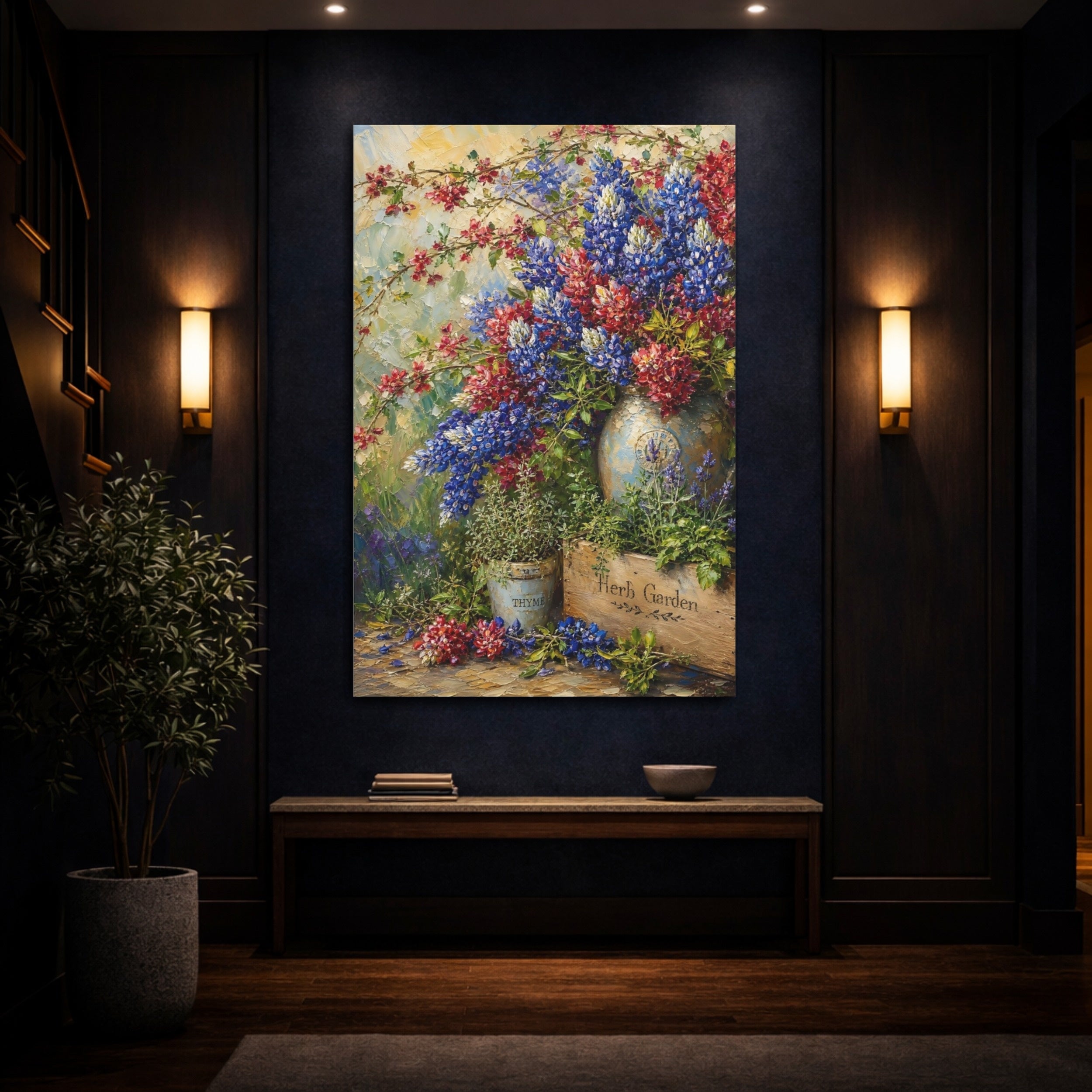 Mockup 4. Floral Floral Arrangement Blue Red Flowers shown as stretched canvas wall art