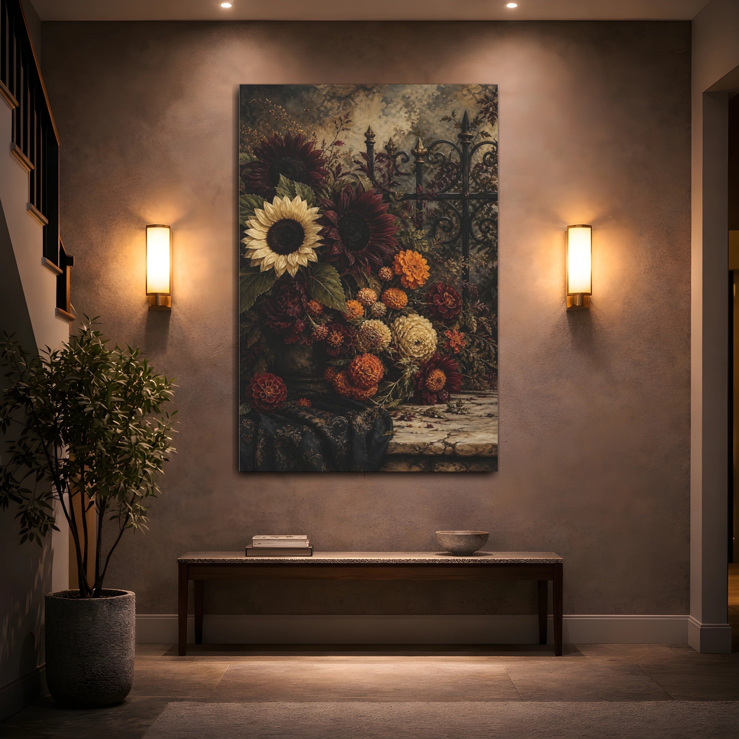 Mockup 2. Floral Floral Arrangement Dark Floral shown as stretched canvas wall art