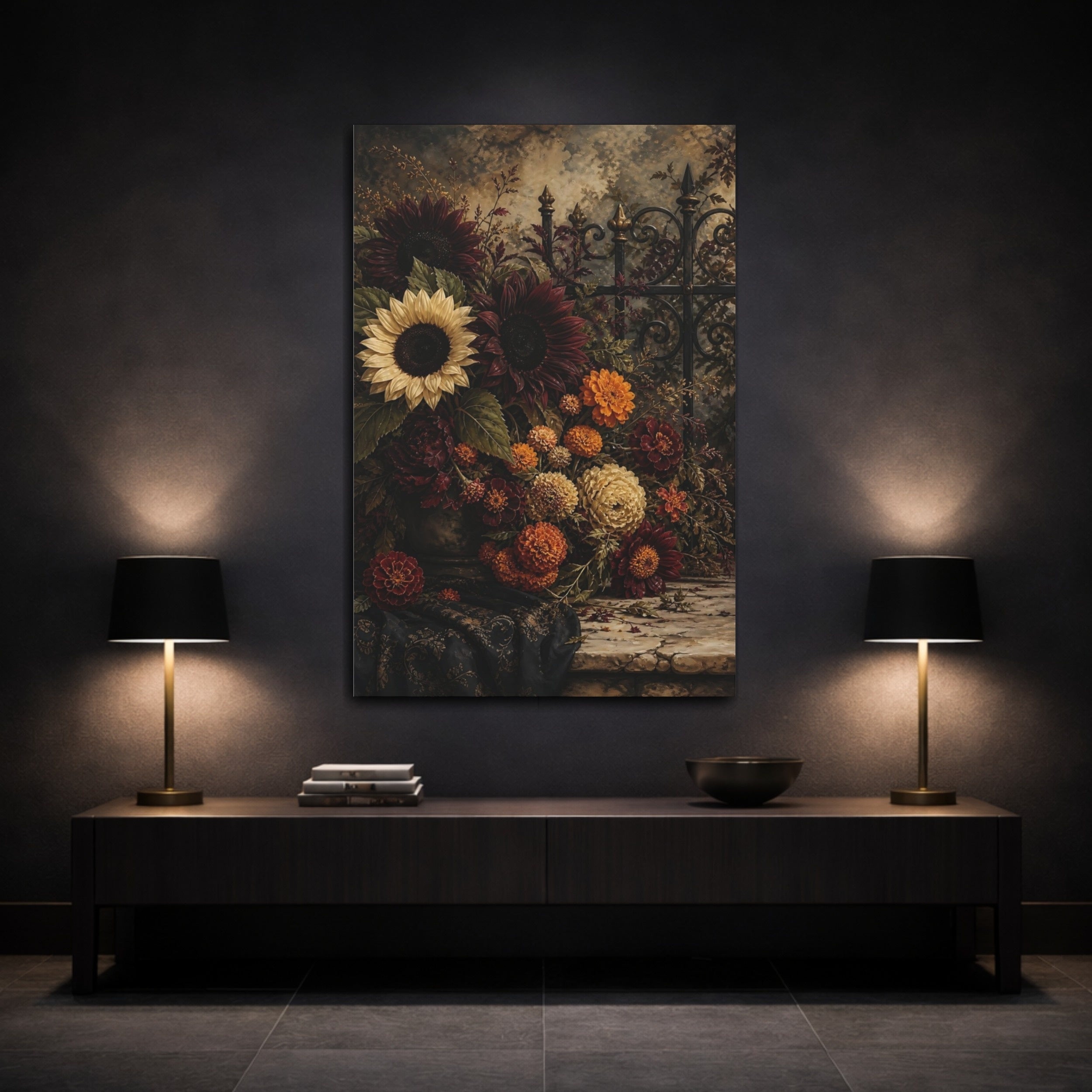 Mockup 3. Floral Floral Arrangement Dark Floral shown as stretched canvas wall art