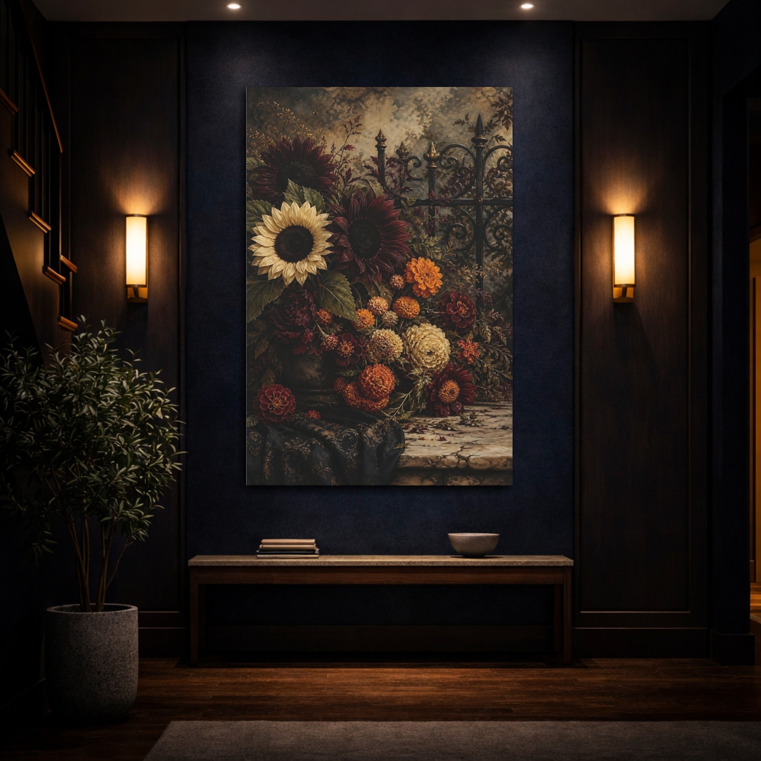 Mockup 4. Floral Floral Arrangement Dark Floral shown as stretched canvas wall art