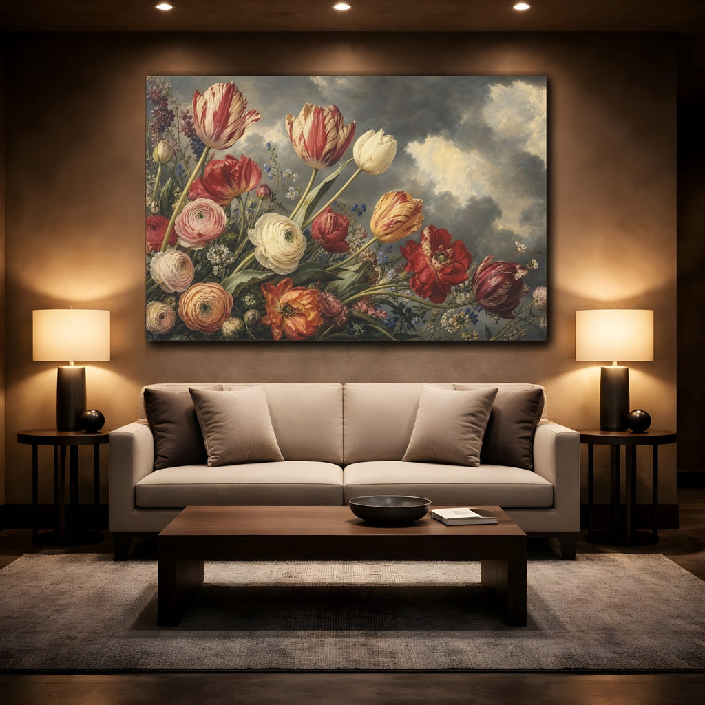 Mockup 2. Floral Floral Arrangement Dramatic Floral shown as stretched canvas wall art