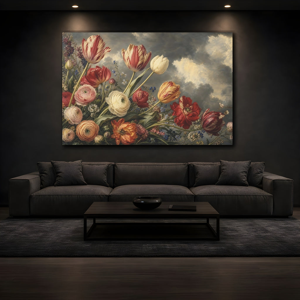 Mockup 3. Floral Floral Arrangement Dramatic Floral shown as stretched canvas wall art