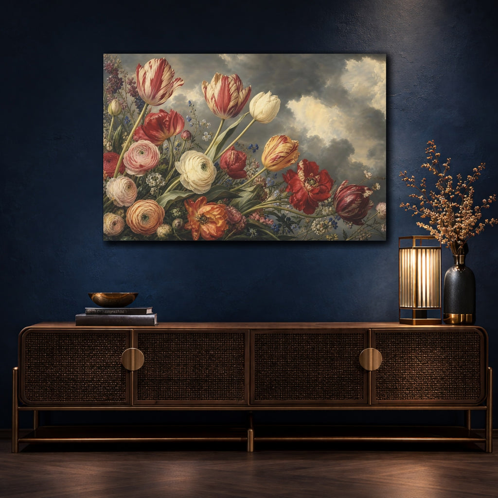 Mockup 4. Floral Floral Arrangement Dramatic Floral shown as stretched canvas wall art