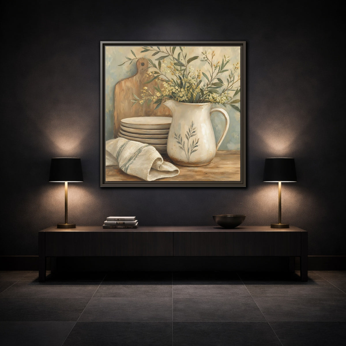 Mockup 3. Floral Floral Arrangement Neutral Floral Still Life shown as stretched canvas wall art