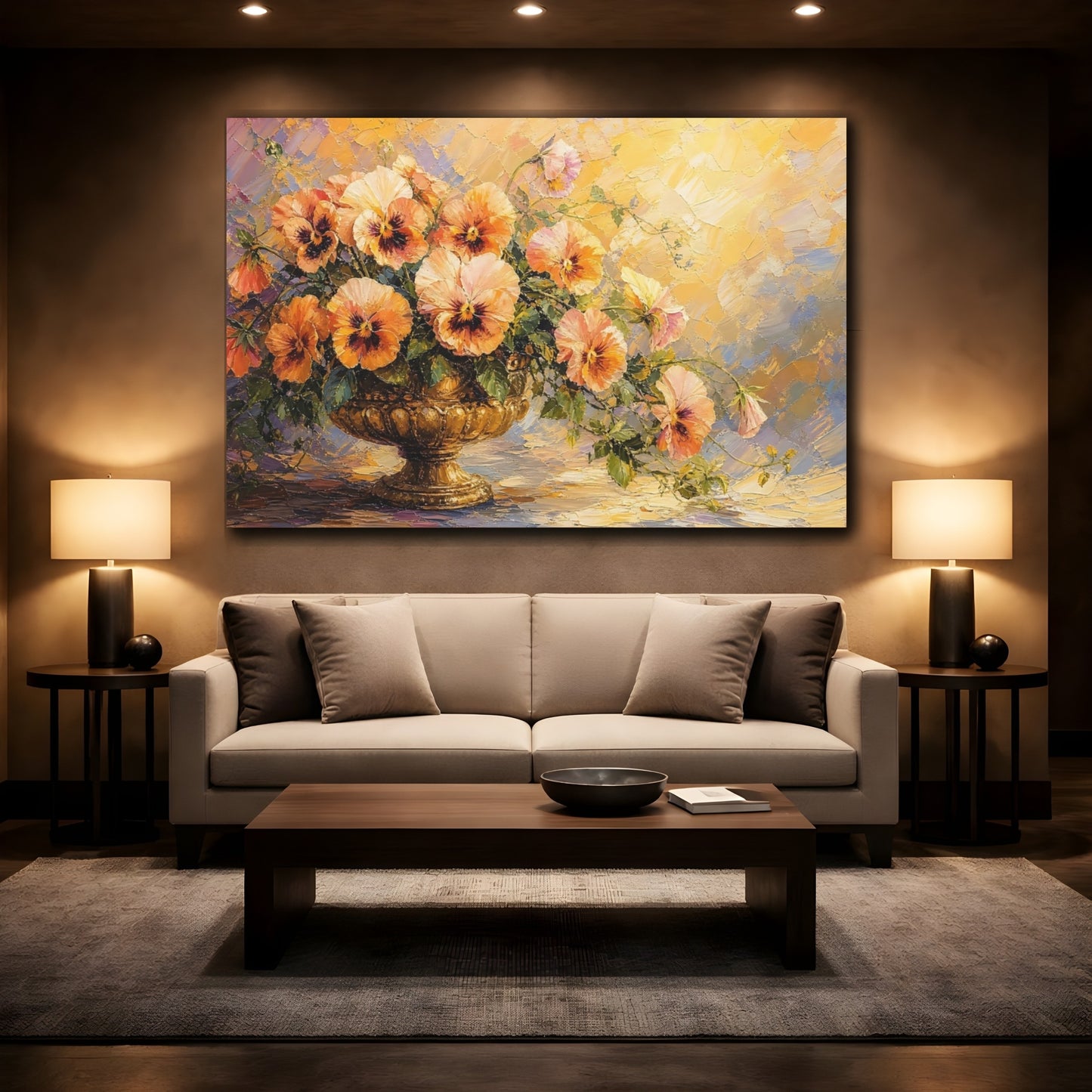 Mockup 2. Floral Floral Arrangement Orange Gold Yellow shown as stretched canvas wall art