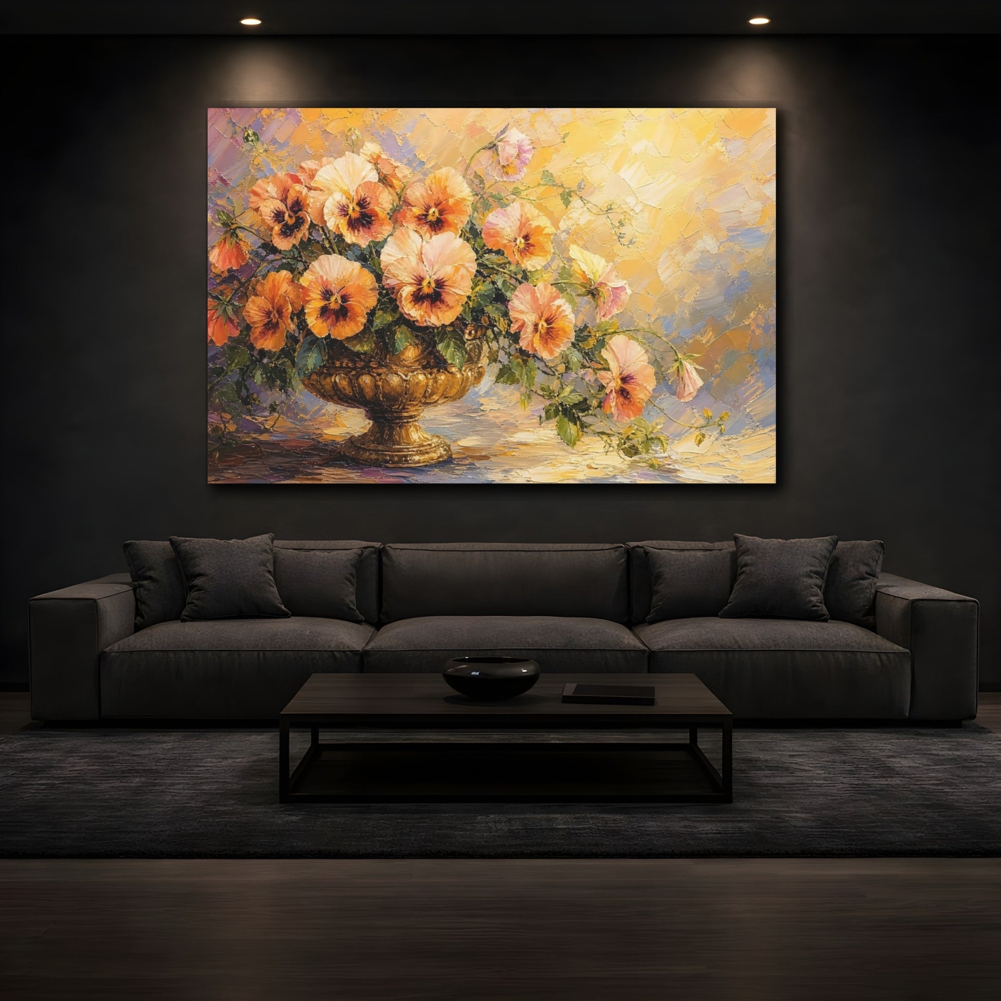 Mockup 3. Floral Floral Arrangement Orange Gold Yellow shown as stretched canvas wall art