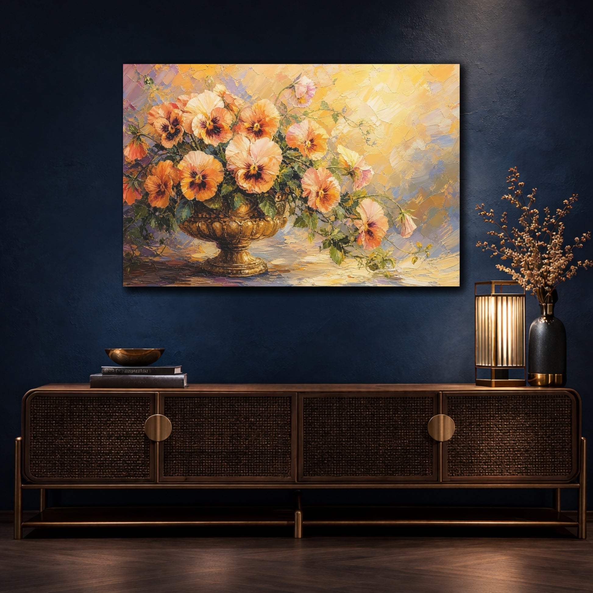 Mockup 4. Floral Floral Arrangement Orange Gold Yellow shown as stretched canvas wall art