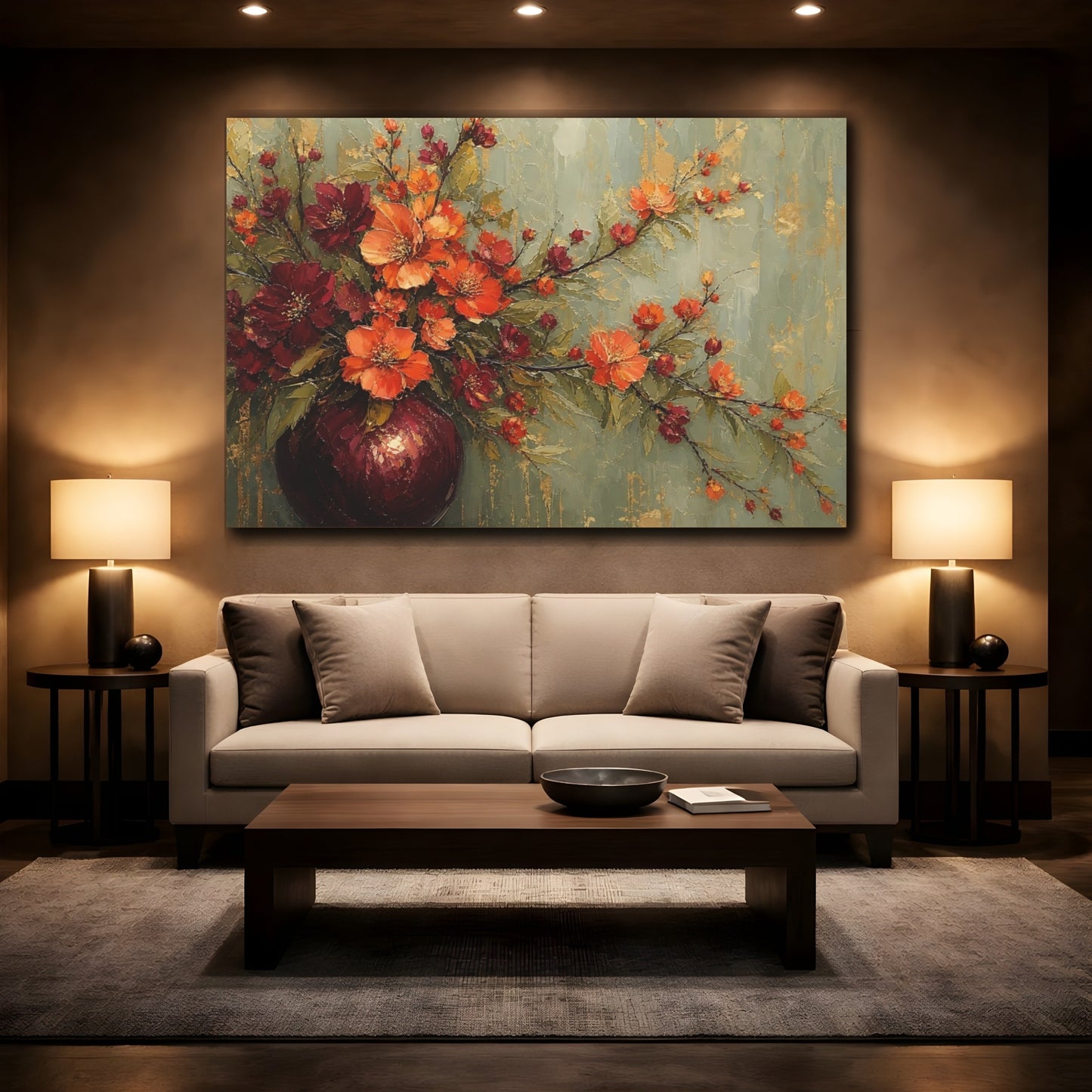 Mockup 2. Floral Floral Arrangement Orange Red Floral shown as stretched canvas wall art